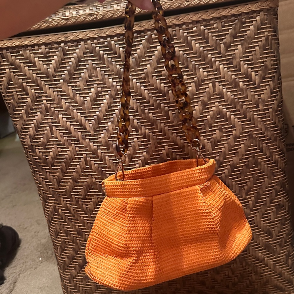 Orange Woven Handbag with Tortoise Shell Handle